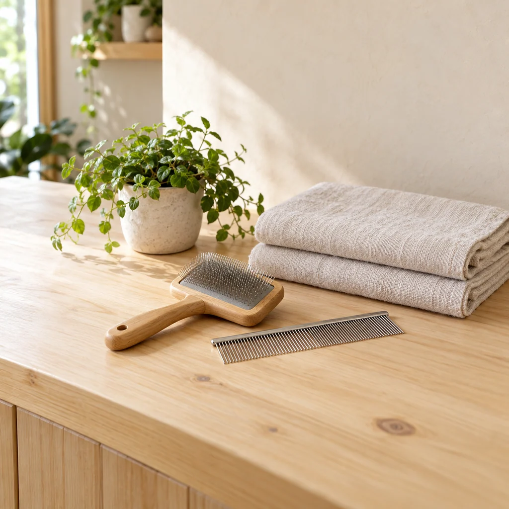 A wooden slicker brush, steel comb and folded oatmeal towels beside a potted plant on a timber counter