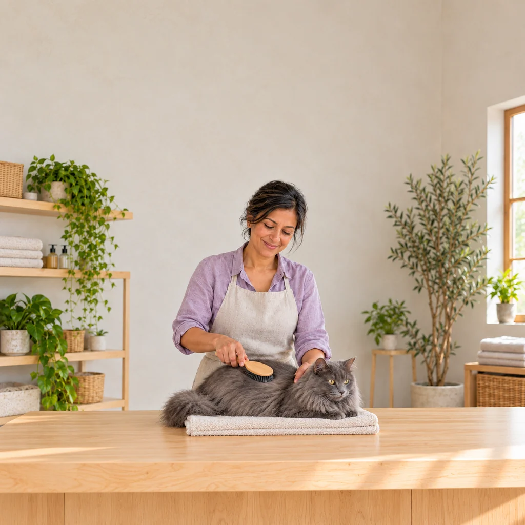 A groomer gently brushing a grey long-haired cat resting on a folded towel
