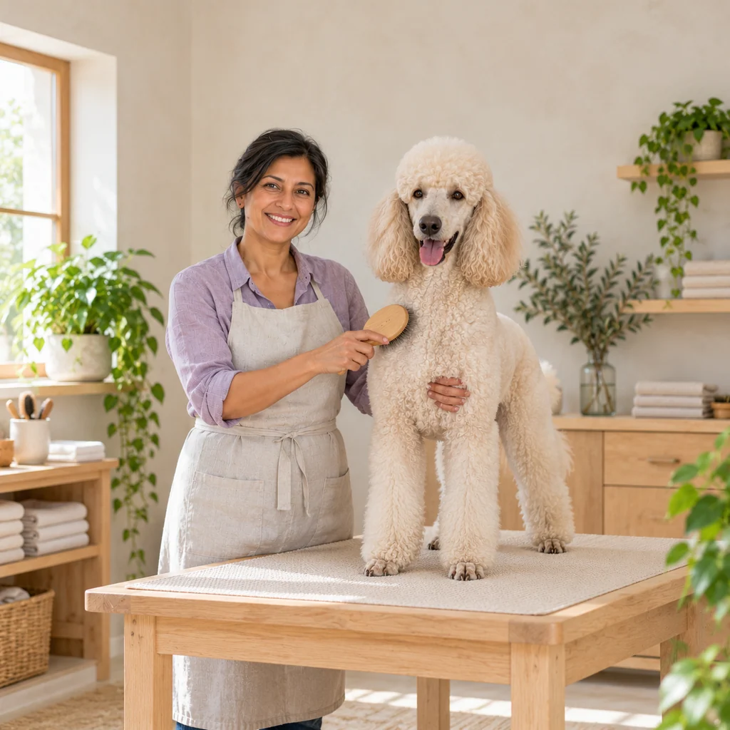 A groomer brushing a cream standard poodle while supporting its chest on the grooming table