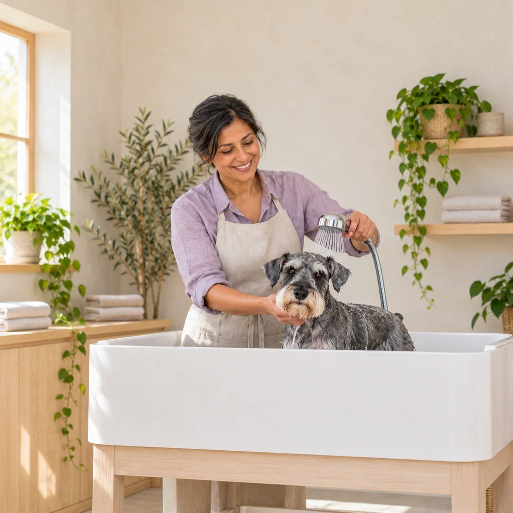 A groomer rinsing a grey schnauzer with a handheld shower in a smooth white raised bath