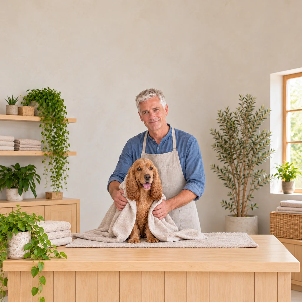 A silver-haired groomer gently towel-drying a cocker spaniel on a grooming table