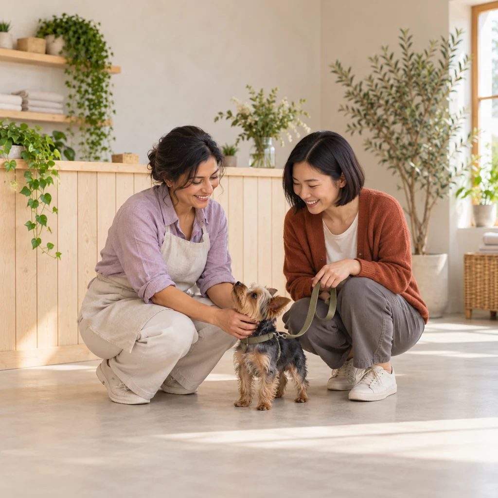 An owner and groomer crouching beside a Yorkshire terrier puppy on a held lead at reception
