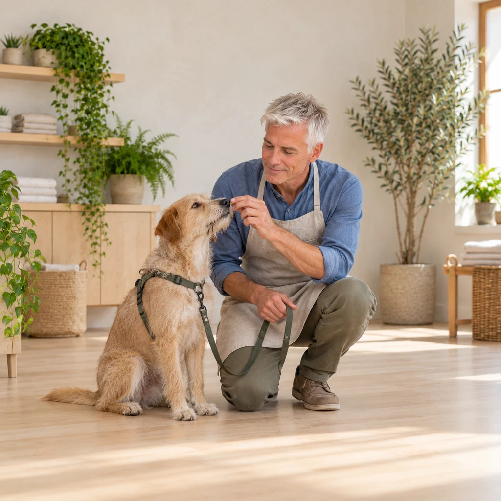 A silver-haired groomer offering a treat to a sandy mixed-breed dog on a held lead in the bright studio