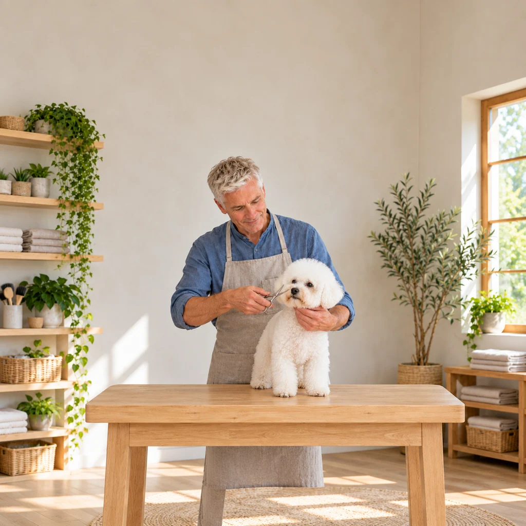A silver-haired groomer trimming a white bichon’s face with scissors while supporting its chin
