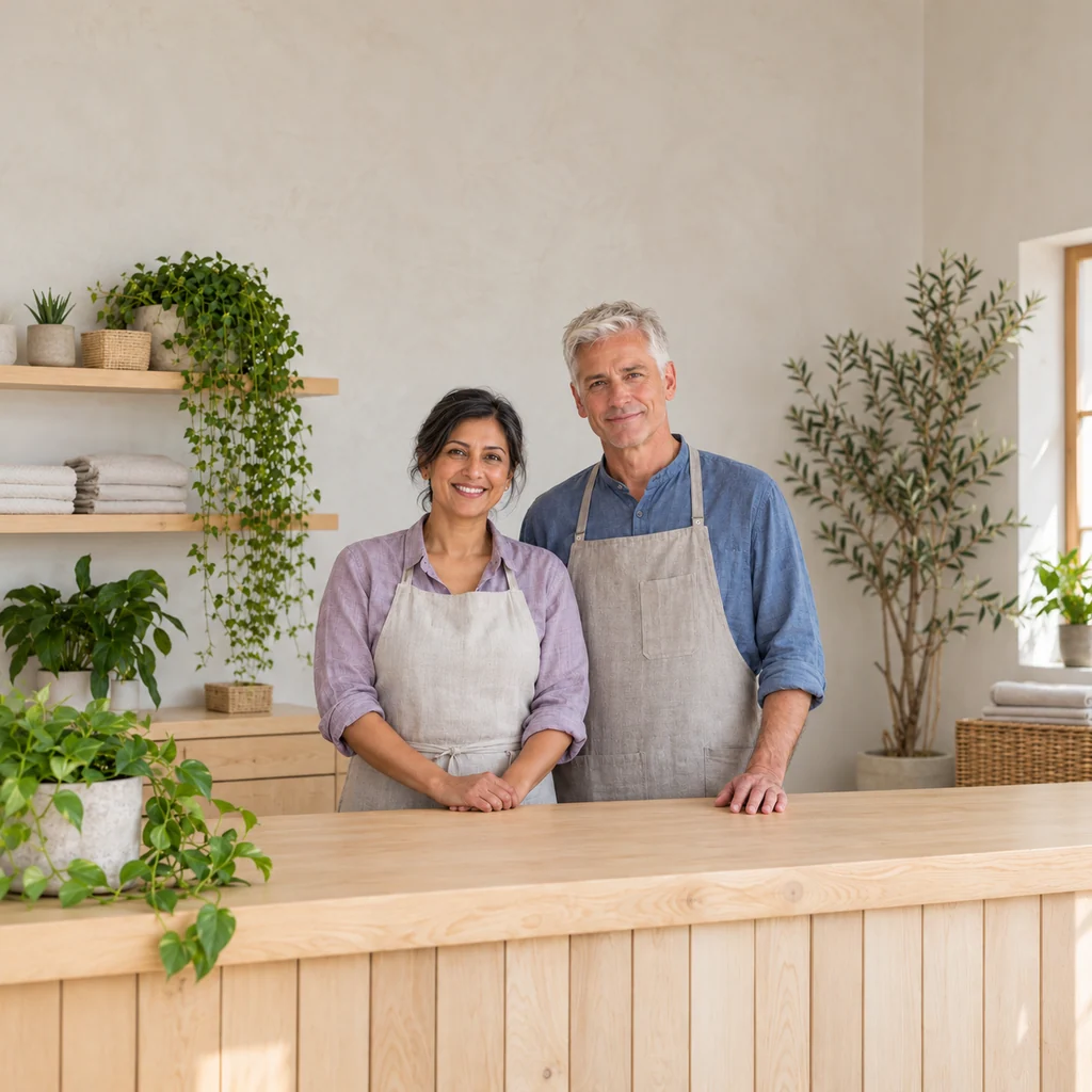 Two groomers in oatmeal and stone aprons smiling behind a pale timber reception counter
